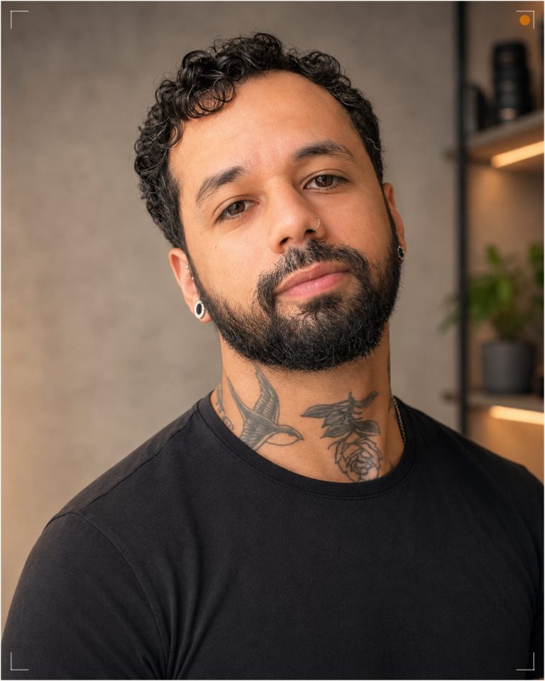 Retrato de Patric Teixeira: homem de cabelo cacheado, barba e tatuagens no pescoço, camiseta preta, diante de uma estante com lentes de câmera.